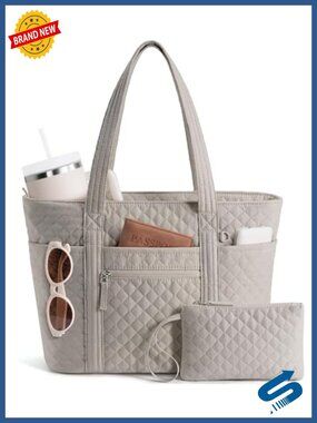 Quilted Cotton Tote Bag with 40oz Tumbler Holder, Work Travel Teacher Nurse Bag